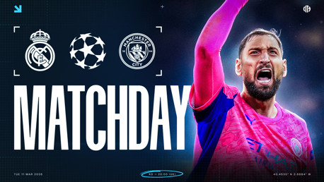 Matchday poster featuring Real Madrid and Manchester City logos for a UEFA Champions League match on March 11, 2026, with kick-off at 20:00 UK time.