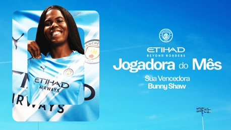 Poster announcing the Player of the Month award winner, Bunny Shaw, for Manchester City's women's team, with Etihad Airways branding and club logo.