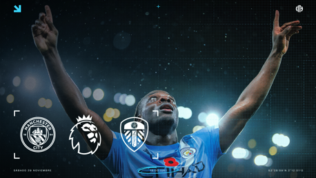 Match poster featuring Manchester City vs Leeds United in the Premier League, with a blurred player in Manchester City kit, scheduled for Saturday, 29 November at 15:00 UK time. Display includes club logos and Premier League badge.