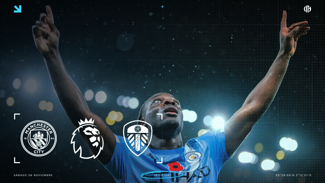 Match poster featuring Manchester City vs Leeds United in the Premier League, with a blurred player in Manchester City kit, scheduled for Saturday, 29 November at 15:00 UK time. Display includes club logos and Premier League badge.