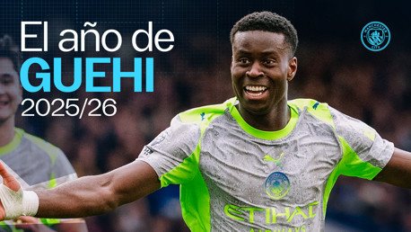 A Manchester City promotional graphic featuring a football player with the text 'El año de GUEHI 2025/26'. The player is partially obscured, wearing a Manchester City kit.
