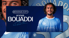 A promotional image welcoming Ayyoub Bouaddi to Manchester City. He is wearing the team's blue jersey, with the club's logo and text saying 'Welcome to City'.