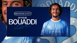 A promotional image welcoming Ayyoub Bouaddi to Manchester City. He is wearing the team's blue jersey, with the club's logo and text saying 'Welcome to City'.
