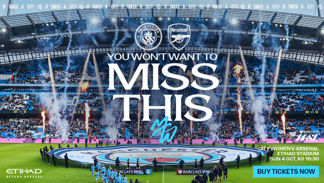 Promotion for Manchester City Women vs Arsenal at Etihad Stadium on Sunday, October 4, kickoff at 16:30. Features stadium atmosphere and logos.