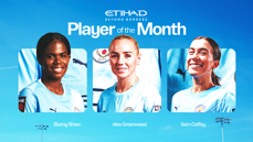 Etihad Beyond Borders Player of the Month award featuring Bunny Shaw, Alex Greenwood, and Sam Coffey in Manchester City kits against a blue sky background.