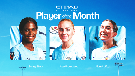 Etihad Beyond Borders Player of the Month award featuring Bunny Shaw, Alex Greenwood, and Sam Coffey in Manchester City kits against a blue sky background.