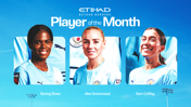 Etihad Beyond Borders Player of the Month award featuring Bunny Shaw, Alex Greenwood, and Sam Coffey in Manchester City kits against a blue sky background.