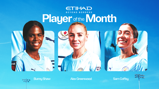 Etihad Beyond Borders Player of the Month award featuring Bunny Shaw, Alex Greenwood, and Sam Coffey in Manchester City kits against a blue sky background.