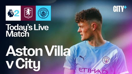 Promotional graphic for Aston Villa vs Manchester City match featuring emblems of both clubs and a blurred player in Manchester City kit.