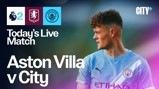 Promotional graphic for Aston Villa vs Manchester City match featuring emblems of both clubs and a blurred player in Manchester City kit.