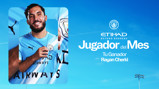 Image of a football player wearing a Manchester City jersey with 'Jugador del Mes' and 'Rayan Cherki' written beside the club logo.