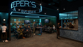 A modern bar with neon lighting, people enjoying drinks and conversations at tables, and a bartender serving at the counter.