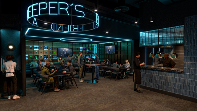 A modern bar with neon lighting, people enjoying drinks and conversations at tables, and a bartender serving at the counter.
