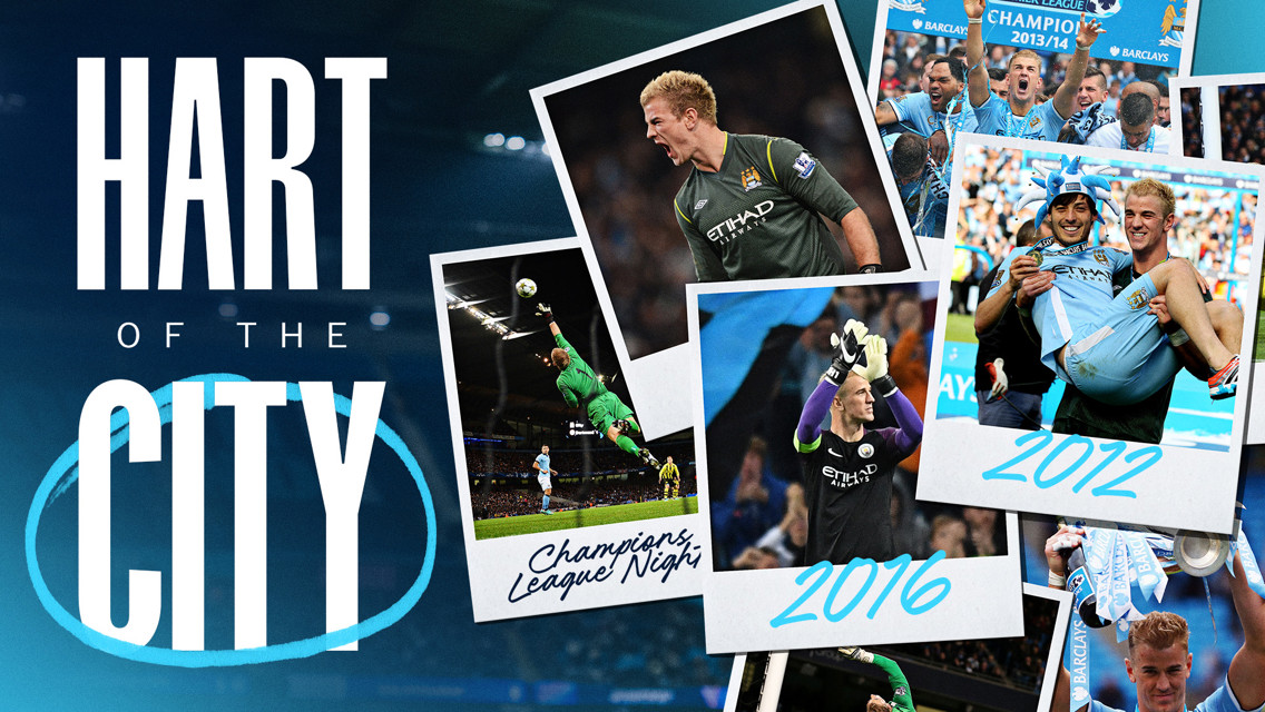 A collage featuring text 'HART OF THE CITY' with images of a goalkeeper in action, celebrating team events, and a fan being lifted on the field. Highlights prominent Manchester City moments.