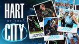 A collage featuring text 'HART OF THE CITY' with images of a goalkeeper in action, celebrating team events, and a fan being lifted on the field. Highlights prominent Manchester City moments.