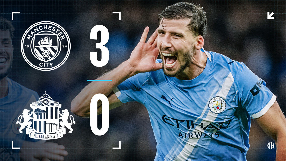 Image showcasing the score of a football match between Manchester City and Sunderland. The score is 3-0 in favor of Manchester City. Logos of both teams are visible: Manchester City and Sunderland AFC.