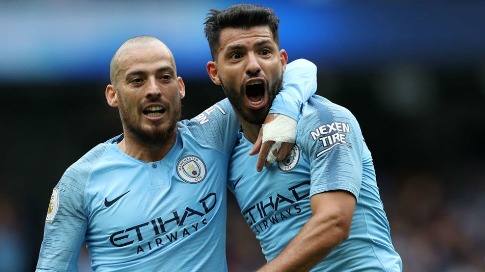 DEADLY DUO : Sergio and midfield maestro David Silva can't contain their joy after Kun's latest City hat-trick, this time against Huddersfield during our 6-1 thrashing of the Tykes in August 2018