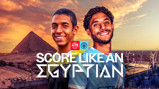 A promotional poster with two athletes in sports jerseys, featuring pyramids in the background and text 'Score Like an Egyptian.' Two logos, including Manchester City, are shown.