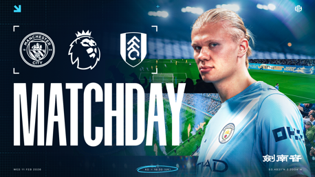 Promotional image for a Premier League match between Manchester City and Fulham on Wed 11 Feb 2026, featuring logos of both clubs and a stadium backdrop.