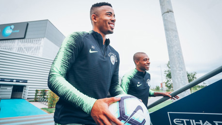 CLOSE UP: A very smiley Gabriel Jesus heads out for training.