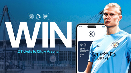 Promotion to win 2 tickets for Manchester City vs Arsenal match at Etihad Stadium. Features large 'WIN' text, stadium background, a smartphone with ticket details, and a player in Man City kit.