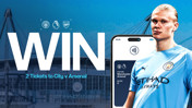 Promotion to win 2 tickets for Manchester City vs Arsenal match at Etihad Stadium. Features large 'WIN' text, stadium background, a smartphone with ticket details, and a player in Man City kit.
