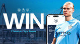 Promotion to win 2 tickets for Manchester City vs Arsenal match at Etihad Stadium. Features large 'WIN' text, stadium background, a smartphone with ticket details, and a player in Man City kit.