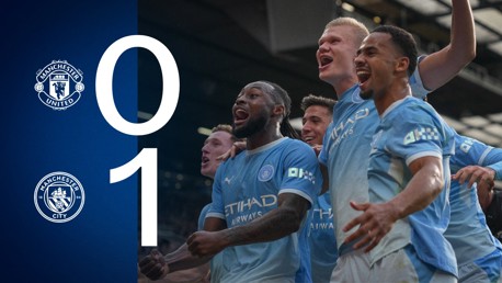 Match graphic showing Manchester City leading 1-0 against Manchester United with players celebrating.