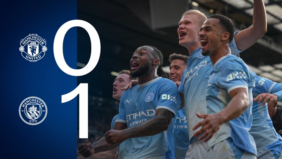 Match graphic showing Manchester City leading 1-0 against Manchester United with players celebrating.