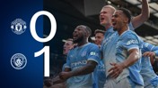 Match graphic showing Manchester City leading 1-0 against Manchester United with players celebrating.