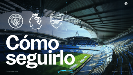 Image promoting a Manchester City vs Arsenal match at Etihad Stadium, featuring club logos and match information in Spanish. Date: 19 April 2026, Time: 16:30 UK.