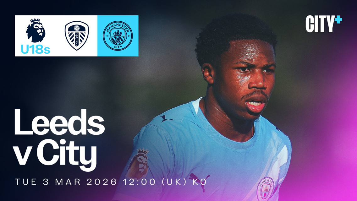 Promotional image for Leeds vs Manchester City U18s match on March 3, 2026, at 12:00 UK time.