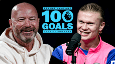Image featuring a blurred individual next to Erling Haaland, with text highlighting his achievement of scoring 100 goals in the Premier League from the 2022/23 season to the present.
