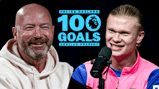 Image featuring a blurred individual next to Erling Haaland, with text highlighting his achievement of scoring 100 goals in the Premier League from the 2022/23 season to the present.