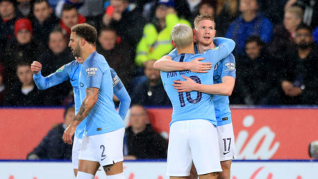 BLUE HEAVEN: Kevin De Bruyne celebrates after his early strike with Sergio Aguero