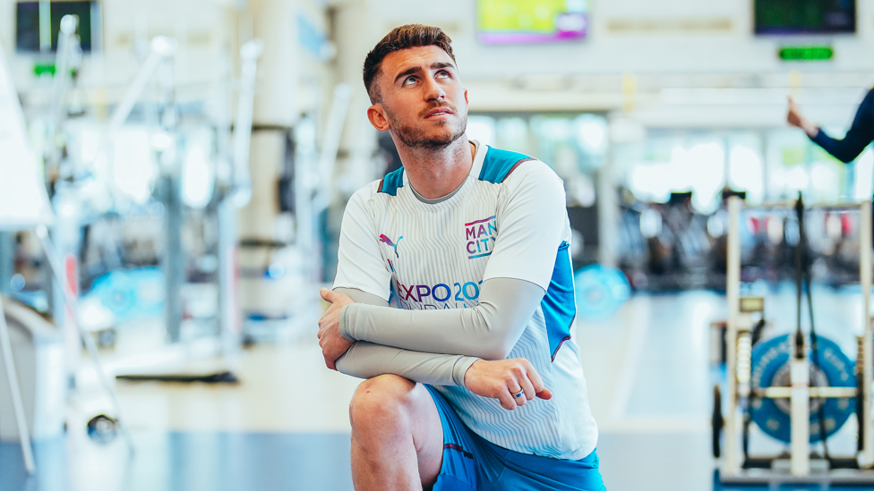 LAPORTING FOR DUTY : Aymeric Laporte limbers up in the gym