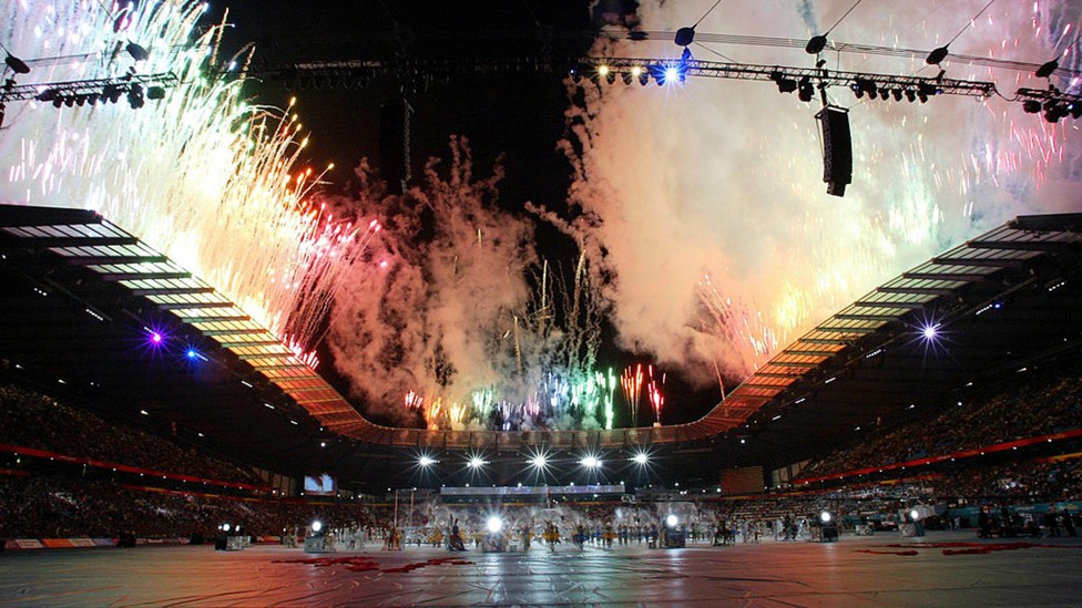 FIREWORKS : The City of Manchester Stadium is illuminated by fireworks at the closing ceremony