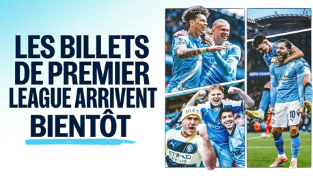 Advertisement for Premier League tickets featuring Manchester City players celebrating and fans cheering.