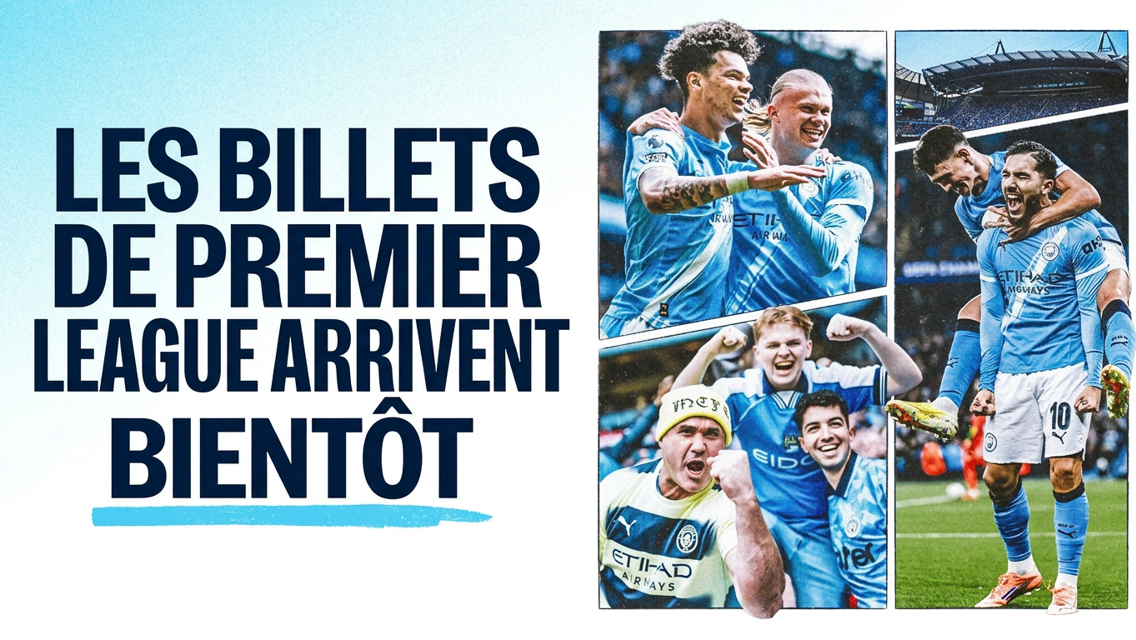 Advertisement for Premier League tickets featuring Manchester City players celebrating and fans cheering.