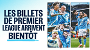 Advertisement for Premier League tickets featuring Manchester City players celebrating and fans cheering.