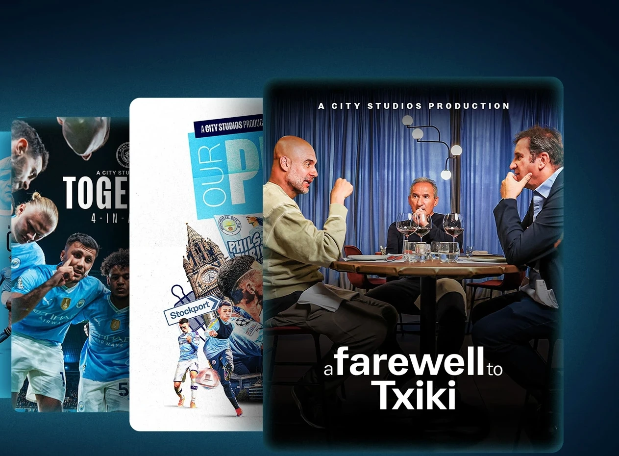 Promotional posters for City Studios productions featuring Manchester City themes: 'Together 4-In-A-Row', 'Our Phil', and 'A Farewell to Txiki.'