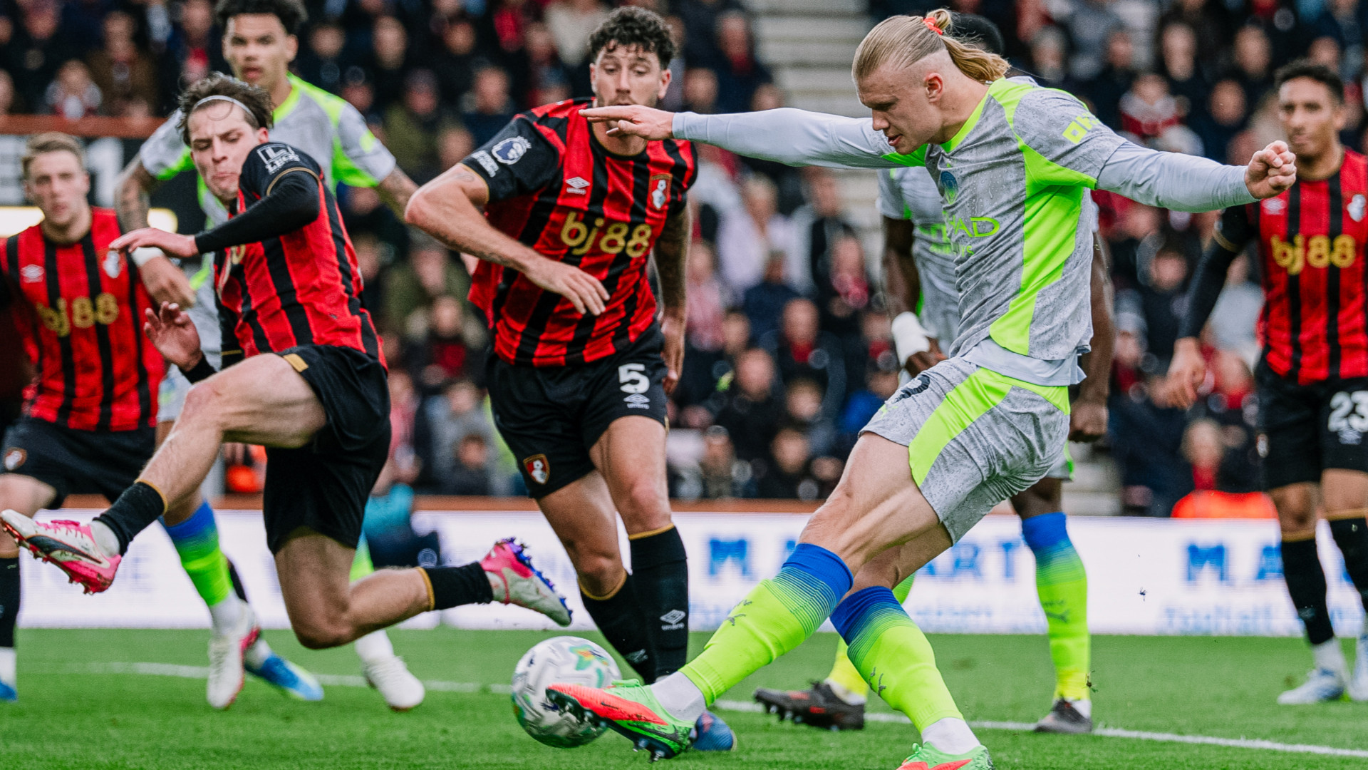 FIRING SQUAD: Erling Haaland lets fly on goal.