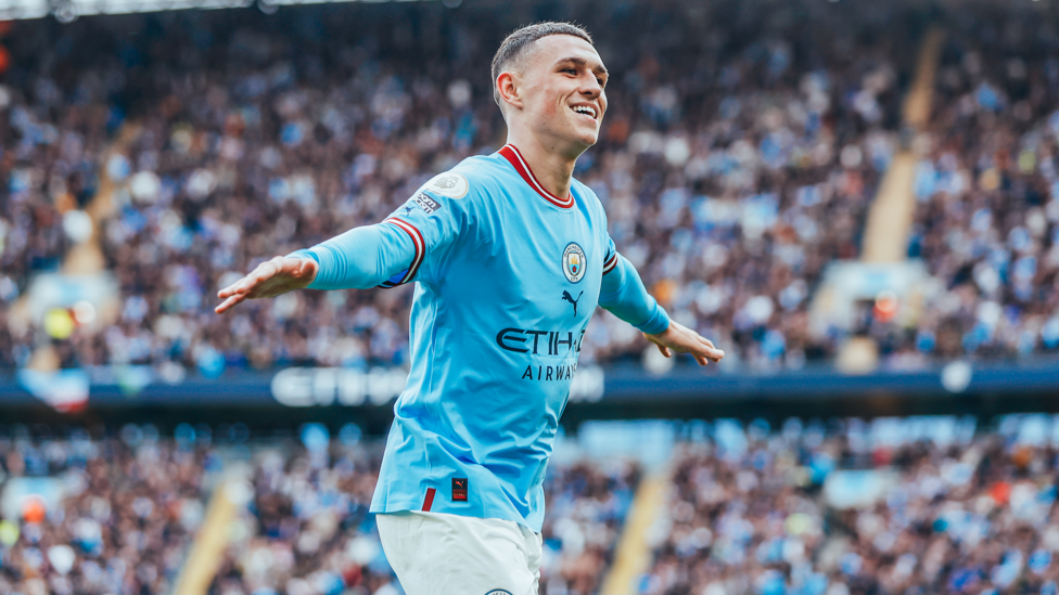 PHIL YOUR BOOTS : Foden celebrates after making it 6-1, completing his hat-trick!