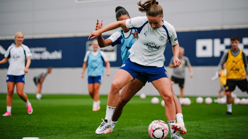 My ball! Jade Rose challenges Niamh Charles