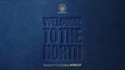 Blue textured background with embossed text 'WELCOME TO THE NORTH' and 'Seasonal Hospitality 2026/27' at the bottom. Manchester City Hospitality logo at the top.