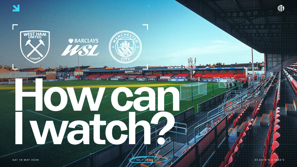 Stadium image promoting a match between West Ham United and Manchester City in the Barclays Women's Super League on Saturday, 16 May 2026 at 13:00 (UK time).