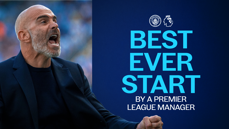 Image features a man in a suit expressing enthusiasm, with text stating 'Best Ever Start by a Premier League Manager' alongside Manchester City and Premier League logos.