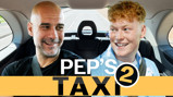 Interior of a car with two people in the front seats. Partial text overlay at the bottom reads 'PEP'S TAXI 2'.