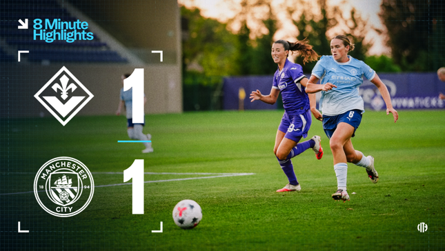 Image depicting Fiorentina vs Manchester City Women's team match with a score of 1-1. Two players from opposing teams are running along with a ball on the field.