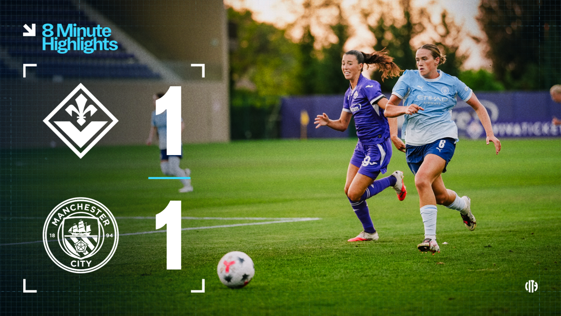 Image depicting Fiorentina vs Manchester City Women's team match with a score of 1-1. Two players from opposing teams are running along with a ball on the field.